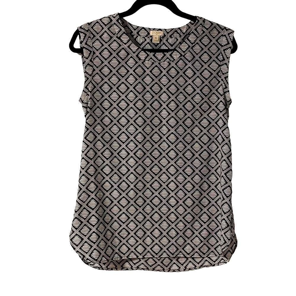 J.Crew black & white print sleeveless blouse round neck side vents XS